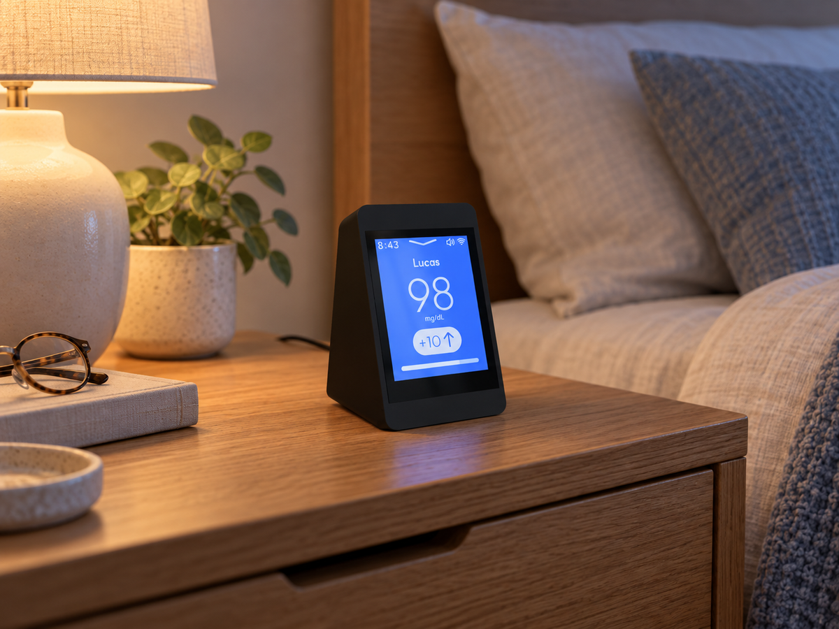SugarHalo Mini with a blue glucose screen on a nightstand beside a lamp