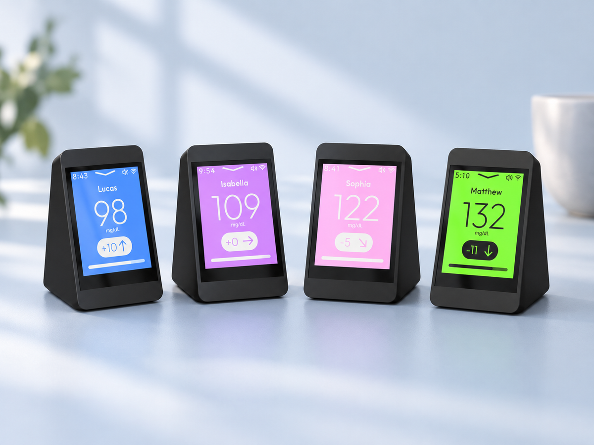 Four SugarHalo Mini displays with blue, purple, pink, and green screen themes