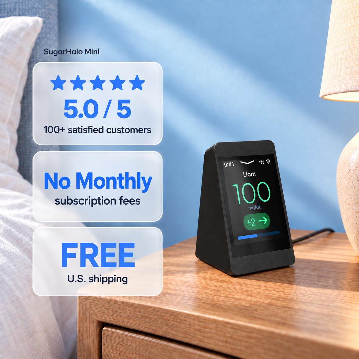 SugarHalo Mini on a bedside table with customer rating, no monthly subscription fees, and free U.S. shipping.