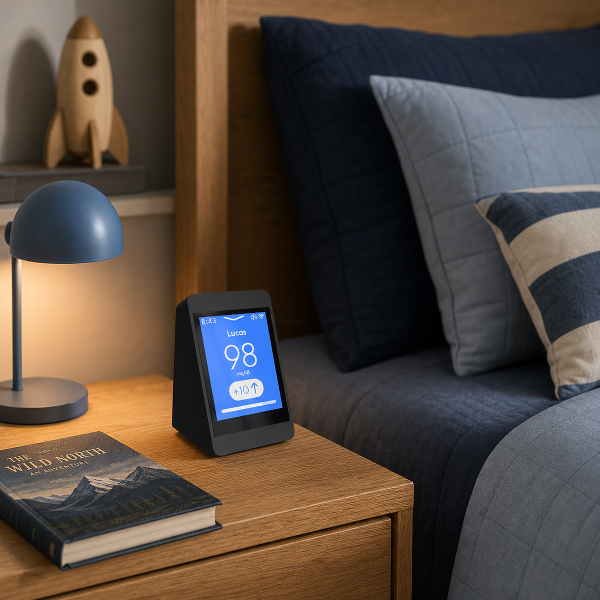 SugarHalo Mini glucose display on a nightstand in a boy's bedroom