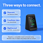 SugarHalo Mini connects through Dexcom Share, LibreLinkUp, or Nightscout. A compatible cloud-connected setup is required; receiver-only and reader-only setups will not connect.