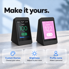 Two SugarHalo Mini displays showing custom themes, adjustable brightness, and personalized profile names.