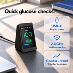 Quick glucose checks with SugarHalo Mini: USB-C plug-in power, 2.4 GHz Wi-Fi, and glucose number and trend together on screen.